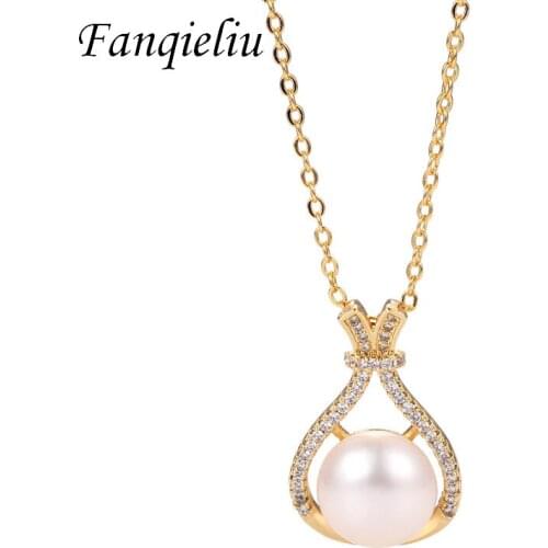 Fanqieliu 18K Gold Color Solid 925 Sterling Silver Lucky Bag Crystal Natural Pearl Jewelry Pendant Necklace For Women FQL21175