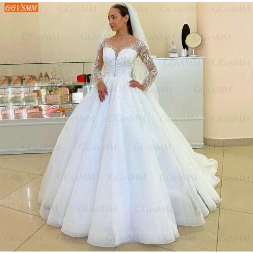 Long Sleeves Wedding Dresses White Lace Appliqued Beaded Organza Ball Gown Bride Dress Women Custom Made 2020 Vestido De Novia