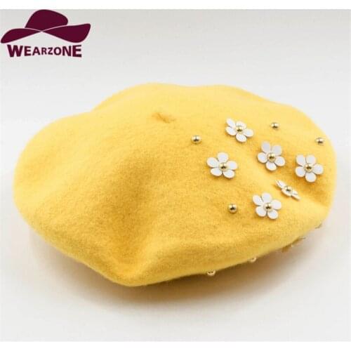 Winter hats for women Berets knitting pure wool Beret Candy Color Beret Hats Applique Flower Hats Baret Caps Boinas Mujer