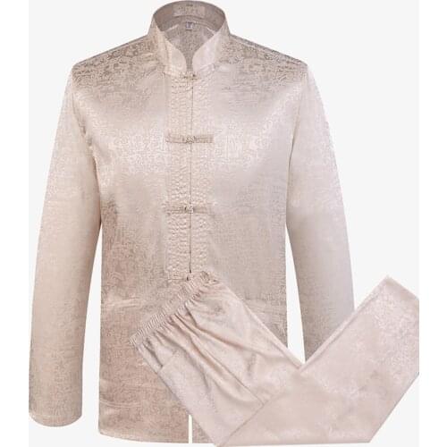 4XL Plus Size Chinese Mens Tang Suit Sets Long Sleeve Long Pants Dragon Kung Fu Suit High Quality Wu Shu Tai Chi beige Sets