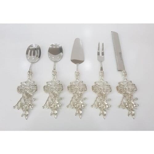 5 Piece Orchid Design Service Cutlery Silver Colour Tableware Metal Flower Details Kitchen Food Presentation Decorative