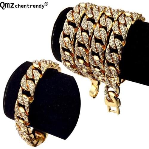50/60/75CM Hip Hop Electroplated Bling Rhinestone Fully Iced Out Miami Cuban Chain Necklace Bracelet Mens Hipster Jewelry set