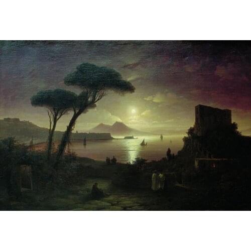 Ivan Aivazovsky The Bay of Naples at moonlit nigh #100% hand painted #Oil painting on Canvas #free shipping