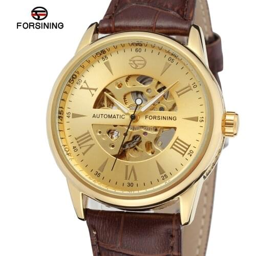 2019 Forsining Top Brand Brown Lather Relogio Masculinos Golden Dial Skeleton Mens Watches Luxury Automatic Men Mechanical Watch