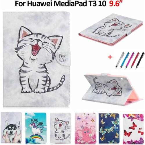 Tablet Cover For Coque Huawei MediaPad T3 10 Case 9.6" Lovely Cat Unicorn Puppy Wallet Leather Cover For Huawei T3 10 Case Etui