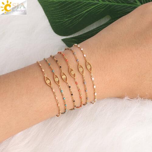 CSJA Turkish Evil Eye Bracelet Luxury Stainless Steel Ladies Bracelets for Women Gold Color Beads Link Chain Femme Jewelry S406