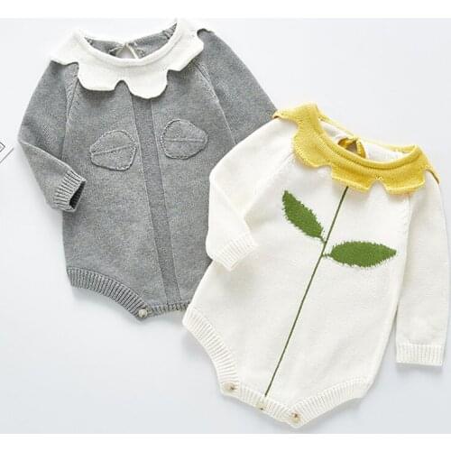 Spring Baby Girls Long Sleeve Leaf Rompers Jumpsuit Clothes Autumn Lotus Leaf Collar Kids Baby Girl Knit Clothes Rompers