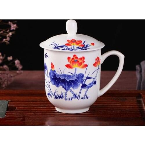 Blue Lotus Porcelain Cup With Lid Tea Cup Bone China Simple Mugs 13oz Mug Espresso Teacups Gift Art Decoration Mug Anniversary