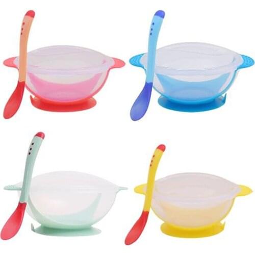 Child temperature induction spoon fork baby food supplement sucker feeding bowl baby learning dishes sucker bowl