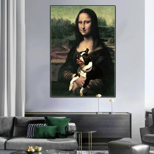 Famous oil painting Mona Lisas smile and funny dog canvas painting retro prints and posters Living room decoration wall picture