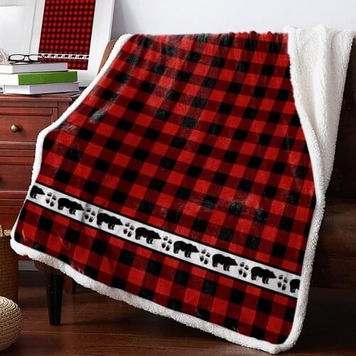 Red And Black Plaid Forest Animals Bears Blanket for Beds Sofa Fleece Throw Blanket Winter Bedclothes Bedspread Cashmere Blanket