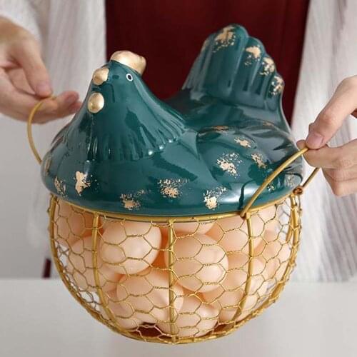 Creative Chicken Egg Basket Multi-function Ceramic Lid Iron Mesh Fruit Container with Handle Home Kitchen Holder Decoration