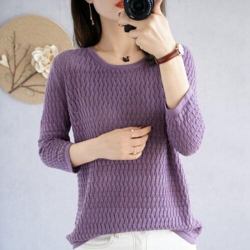 Hot sale spring and summer 100% cotton round neck hollow knit thin pullover sweater pure color soft as comfortable 3/4 sleeve