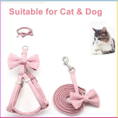 Cute Cat Harness Leash Collar Set Adjustable Soft Bow Double Layer Dog Collar Outdoor Lead Walking For Spitz Yorkshire Terrier