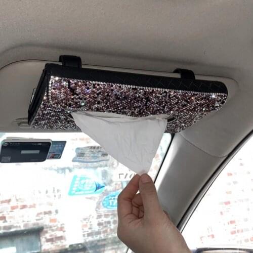 Multifunctional Luxury Crystal PU Leather Paper Holder Hanging Car Sun Visor Tissue Box Car Tissue Box Holder