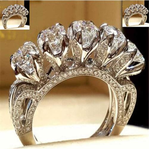 Fashion creative simulation engagement ring elegant lady Silver Color White Wedding Bridal Ring Size 6-10