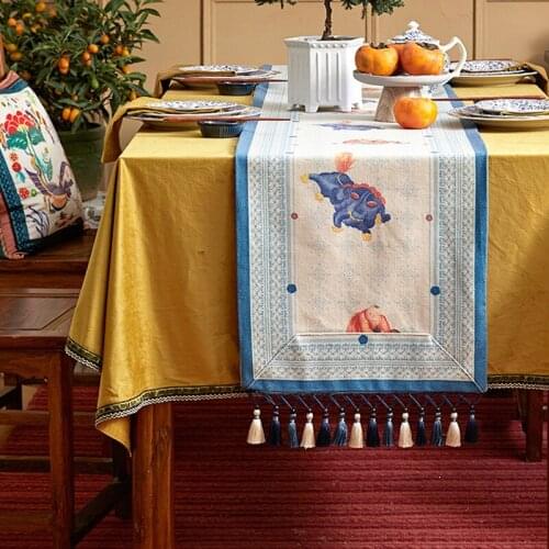 Cartoon Printed Table Runner Wool Blended Tassel Decorative Table Runners Chinese New Year Decor Dining Tablecloth Bed Runner