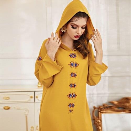 Muslim Clothes Blue And Yellow Handmade Diamond Hooded Robe ABAYA Muslim Middle East Southeast Asia Womens Robe Islamic Clothes