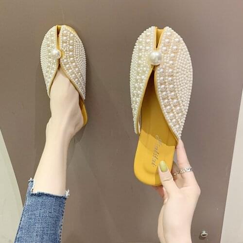 Cover Toe Shoes Mules for Women 2021 String Bead Slippers Summer Slides Pantofle Fashion Low Flat New Luxury Rubber PU Retro