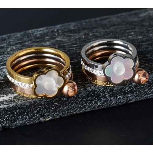 MSX Luxury Stainless Steel Ring Set Natural White Shell Flower Finger Ring 4 in 1 CZ Crystal Love Wedding Bridal Rings For Women