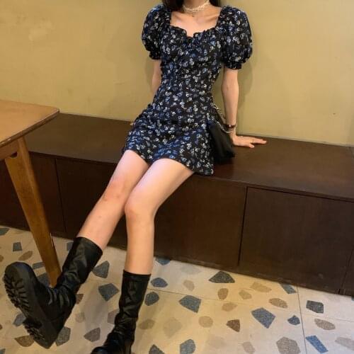 New Summer Black Women Floral Print Mini Dress Gothic Harajuku Punk Dress Streetwear Short Sleeve Sweet Fashion Dress