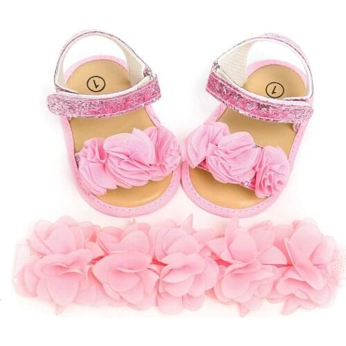 Baby Girl Shoes Newborn Kid Sandals Infant Booties Toddler Soft Sole Prewalkers Flower Headband+Sequin Crib Shoes Princess Party