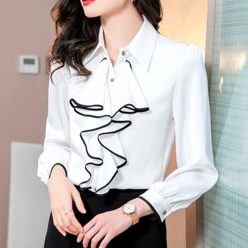 Solid color chiffon OL shirt elegant female long sleeve ruffles chiffon blouse spring korean casual clothing women tops