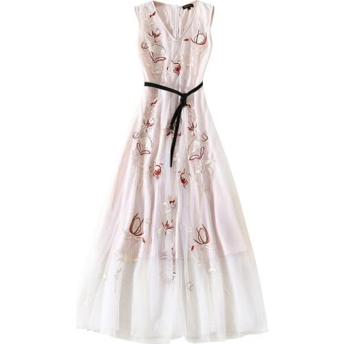 Runway Design 2020 Summer Women High Quality Luxury Sheer Mesh Embroidery Sleeveless V Neck Sexy Long Korean Party Dress