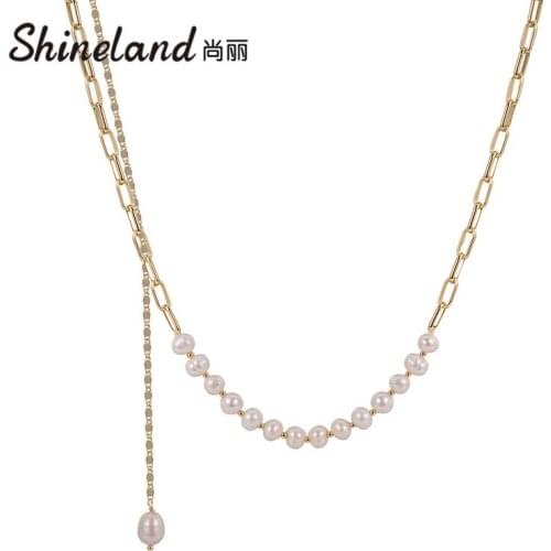 Shineland 2021 Unique Link Chain Layer Nature Pearl Pendant Necklace For Women Party Weeding Minimalist High Quality Bijoux