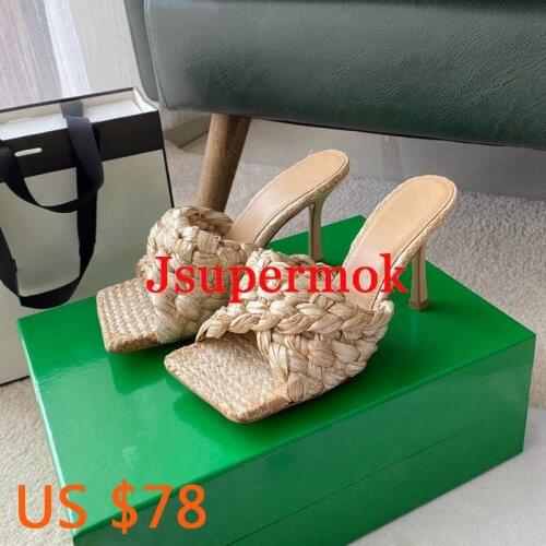 Women Summer New Brand Weave Slippers Open Toe High heels Slides Brand Designer Summer Outdoor High heel Slippers