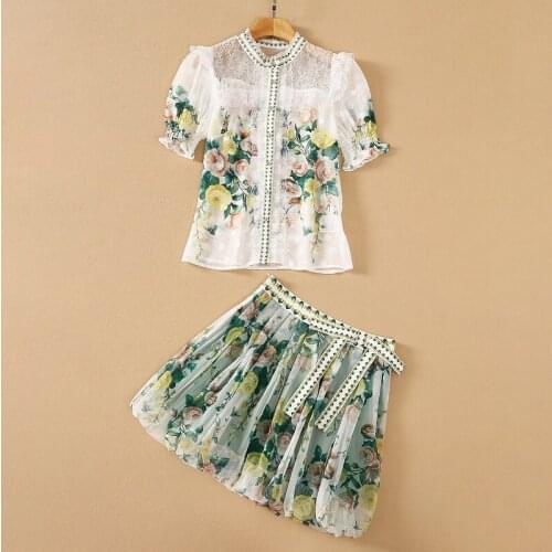 European and American womens wear for summer 2021 Short-sleeved patchwork lace shirt Floral print pleated skirt Fashion suit
