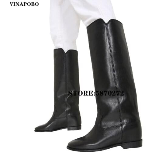 Vinapobo 2020 Winter Genuine Leather Knee High Boots Flat Heel Long Knight Boots Shoe Round Toe Women Casual Chelsea Boots Women