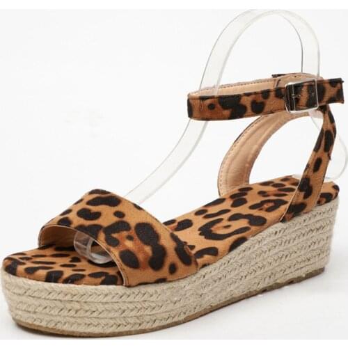 Explosion models Europe and the United States foreign trade leopard hemp rope wedge with light bottom fish mouth sandals women