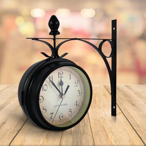 Iron Wall Clock Wrought Iron Antique-Look Round Wall Hanging Double Side Faces Retro Station Clock Chandelier Wall Hanging Clock