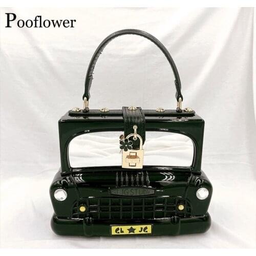 Pooflower Chic Car Shape Black PU Leather Handbags Women Vintage Designer Acrylic Shoulder Bags Luxury Crossbody Bag bolso ZH425