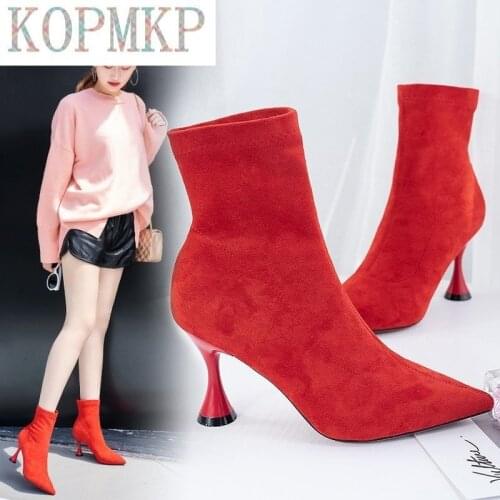 2020 New Fashion Women Ankle Boots Pointed Toe High Heel Stiletto Soft Suede Slip-on Boot Purple Black Red Cozy Botas Flock