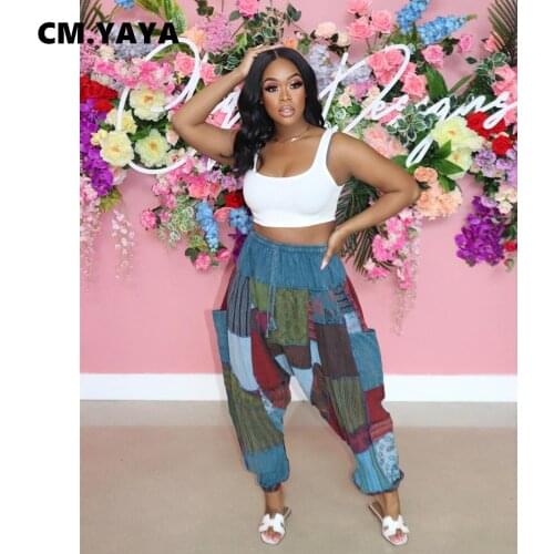 CM.YAYA Women Pants Print Mid Drawstring Waist Loose Cross Pants with Pockets Casual Fashion Trousers Summer Clothing 2021
