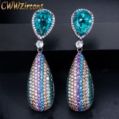 CWWZircons Micro Pave Cubic Zirconia Stone Long Dangle Drop Rainbow Color Engagement Wedding Party Earrings for Women CZ567