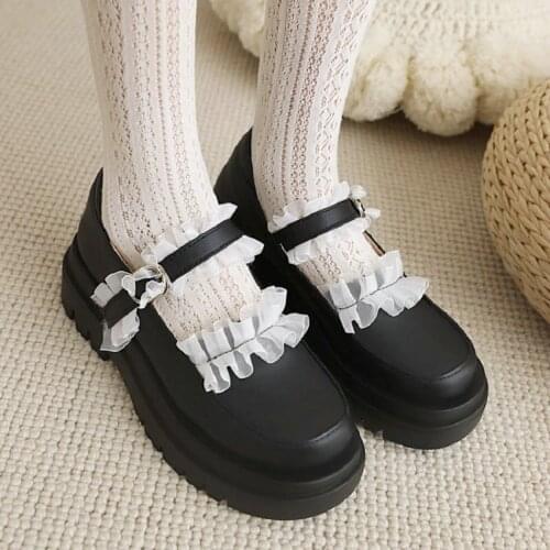 Sianie Tianie Lolita Japanese Style Lace Ruffles Womans Shoes Thick Sole Platform Princess Lovely Girls Shoes Mary Janes Flats