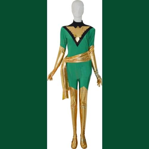 Freeshipping Green Jean Grey Phoenix Spandex Woman Cosplay Halloween Costume