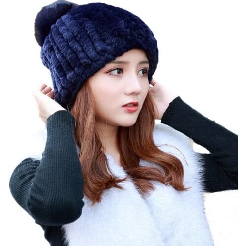 Womens Real Rex Rabbit Fur Beanies Caps Vertical Stripe Knitted Hat Winter Warm Soft