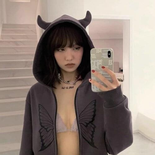 Harajuku Devil Gothic Punk Women Hooded Zipper Sweatshirt Streetwear Butterfly Graphics Vintage Y2K Loose Casual Jacket Pullover