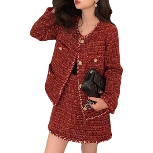 Autumn Winter Woolen Tweed Two Piece Set Women Single Breasted Long Sleeve Red Jacket Coat + High Waist A-line Mini Skirt