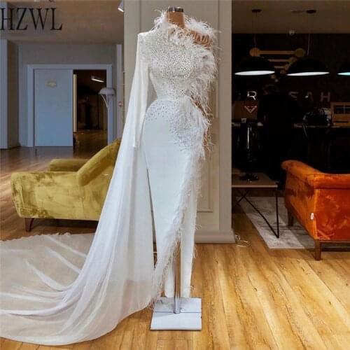 Feathers Beading Formal Evening Dresses 2020 New Long White Prom Dress With Wrap vestidos de cocktail robe de soiree Party Gown