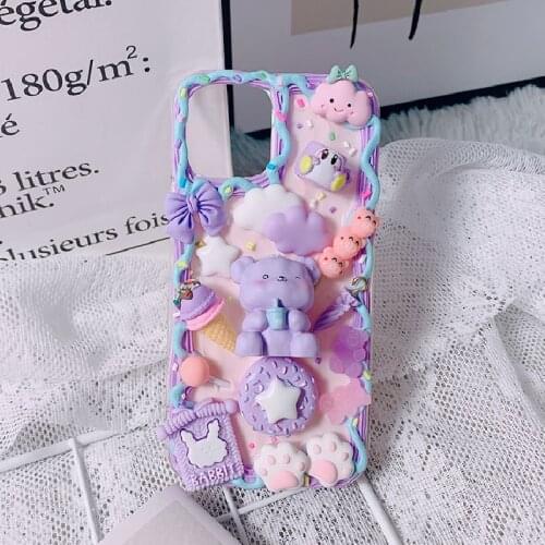 Handmade For Samsung galaxy s21 ultra case 3D Caroon Bear s20 FE Kawaii phone shell s9 s10 s20 plus DIY cream cover note20 ultra