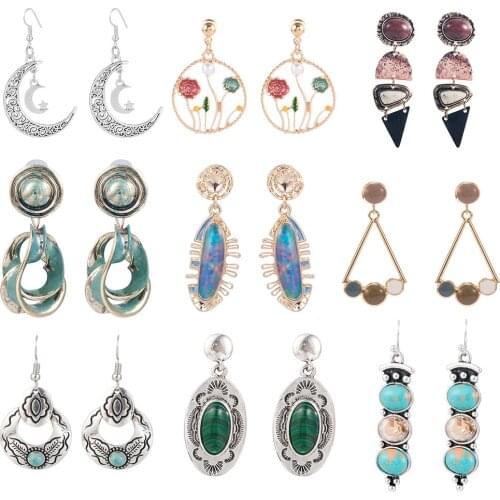 Ethnic Green Resin Stone Drop Dangle Earrings for Women Indian Tribal Vintage Earrings Pendientes Mujer Moda