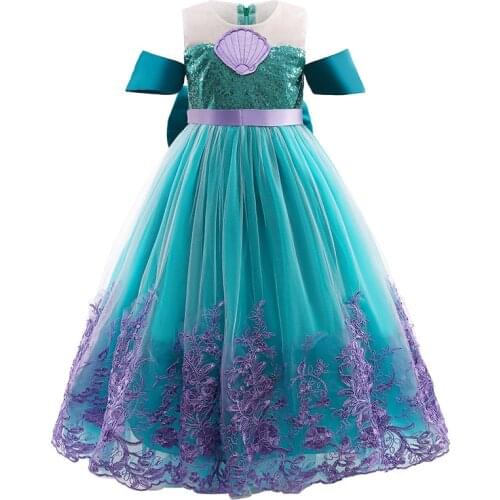Girl cosplay princess shell short sleeve lace peacock blue long dress princess party dress for 3 to 10 years old