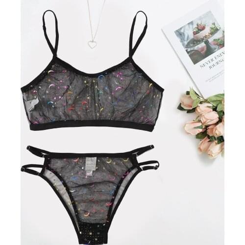Ladies Black Lace Lingerie Set Moon Embroidery Bra Panties Suit Women Lingerie Underwear Sleepwear Nightwear Set нижнее белье