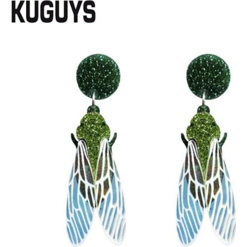 KUGUYS Fashion Jewelry Glitter Cicada Earrings for Womens Pendientes Acrylic Insect Wing Drop Earring Brincos Trendy Accessory