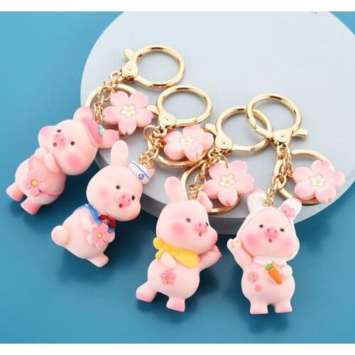 Cartoon Pink Pig Metal Keychain Cute Resin Sakura Pig Pendant Keyring Men Women Car Bag Jewelry Couple Lanyard Accessory Gifts